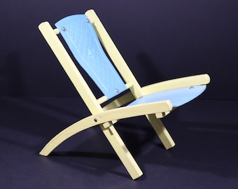Vintage Wooden Toy Folding Chair for Teddy Bear Blue Yellow Miniature Beach Chair