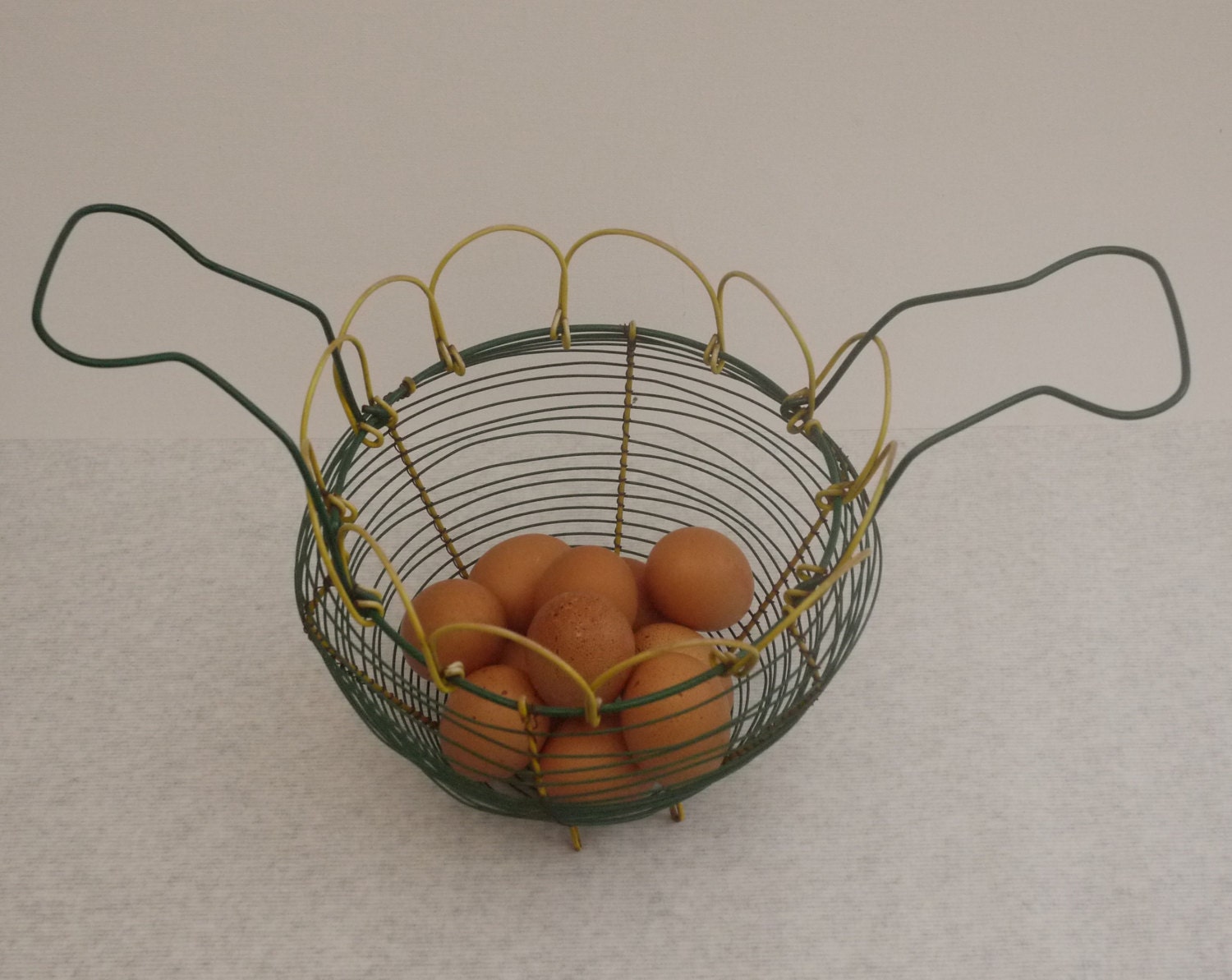 French Vintage Wire Egg Basket Yellow and Green