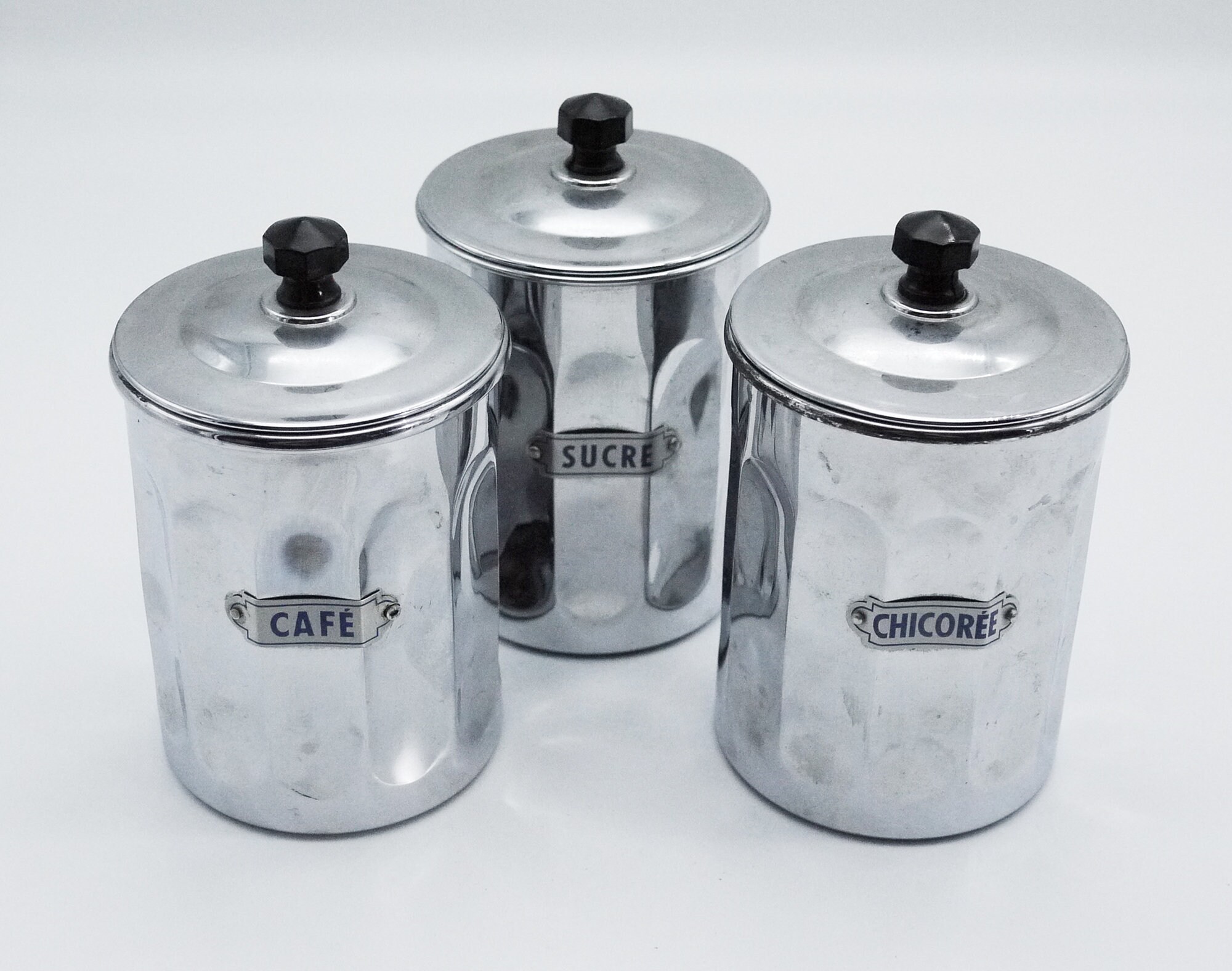 French Chrome Canisters Set, Vintage Metal Jar Container with Black