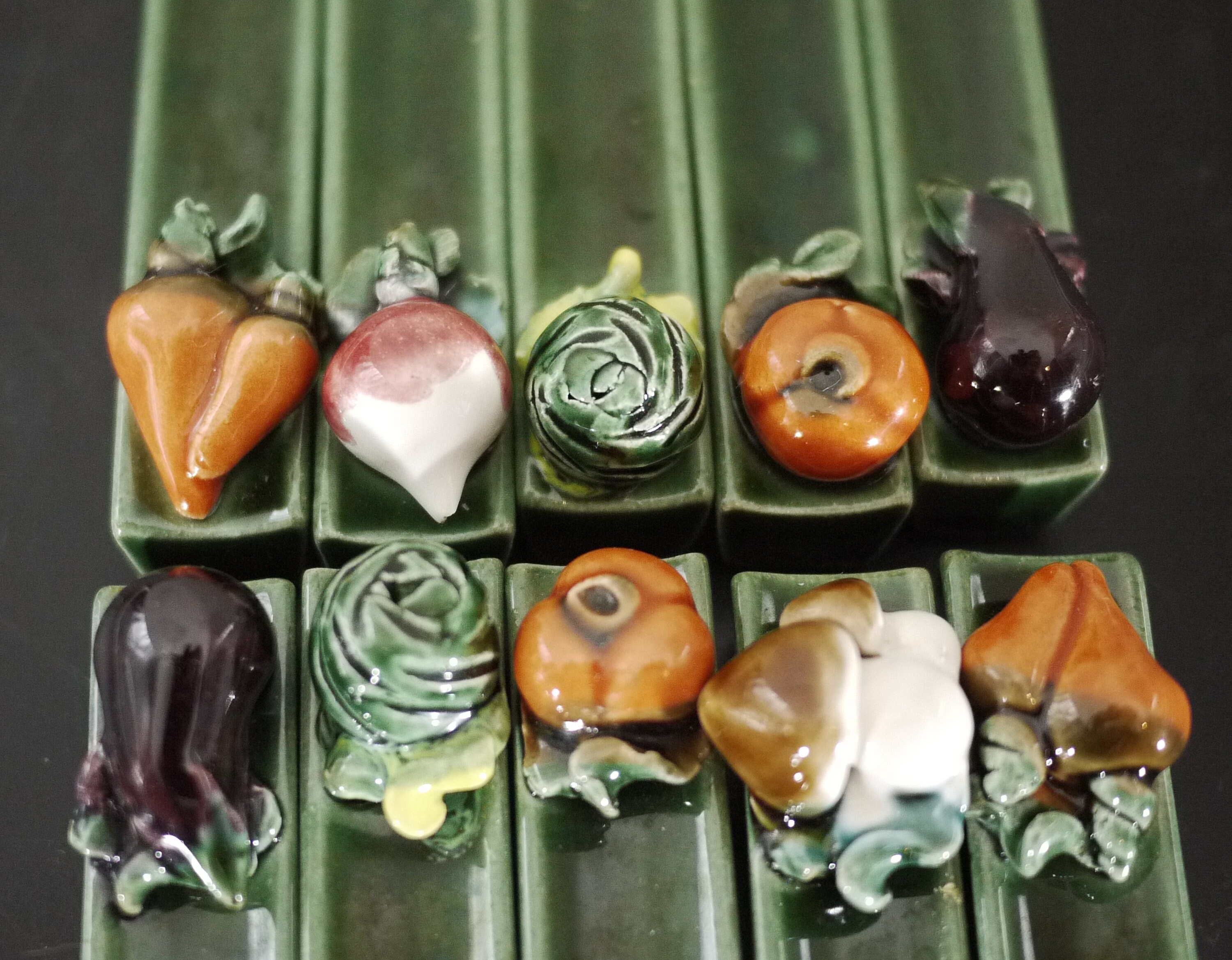 French Majolica Vegetables Knife Rests, Set of 10 Glazed Ceramic