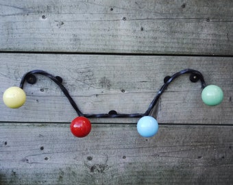 Vintage French Wall Coat Rack With 4 Ball Hooks