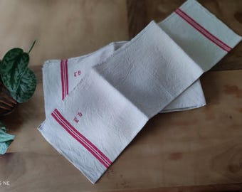 Antique French Hanging Kitchen Towel in Linen set of 2 Large Red Stripe Dish Clothes