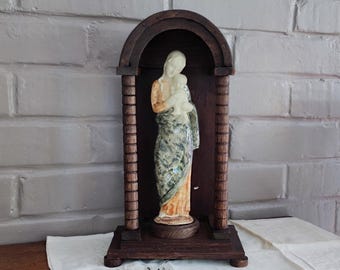 French Antique Wood Shrine Niche Chapel & Ceramic Virgin Mary and Baby Jesus Statue