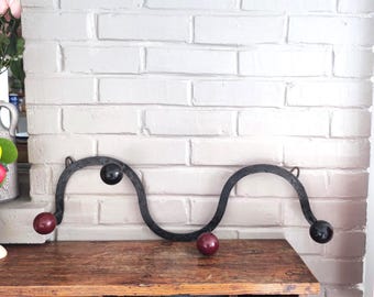 1960s French Iron Wall Coat Rack with Wood Ball Hooks