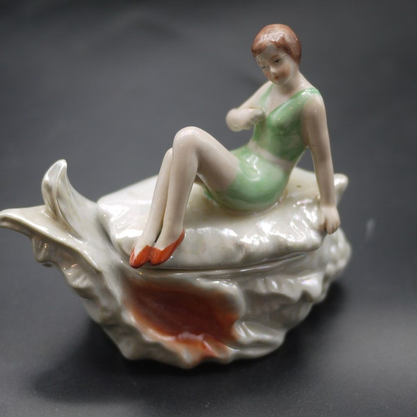 Art Deco Porcelain Bathing Beauty Dresser Box