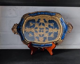 Vintage Small Florentine Wooden Serving Tray in Blue Gold Baroque Decor