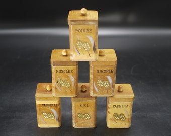 Vintage Wooden Spice Jars French Rustic Canister set, Kitchen Decor