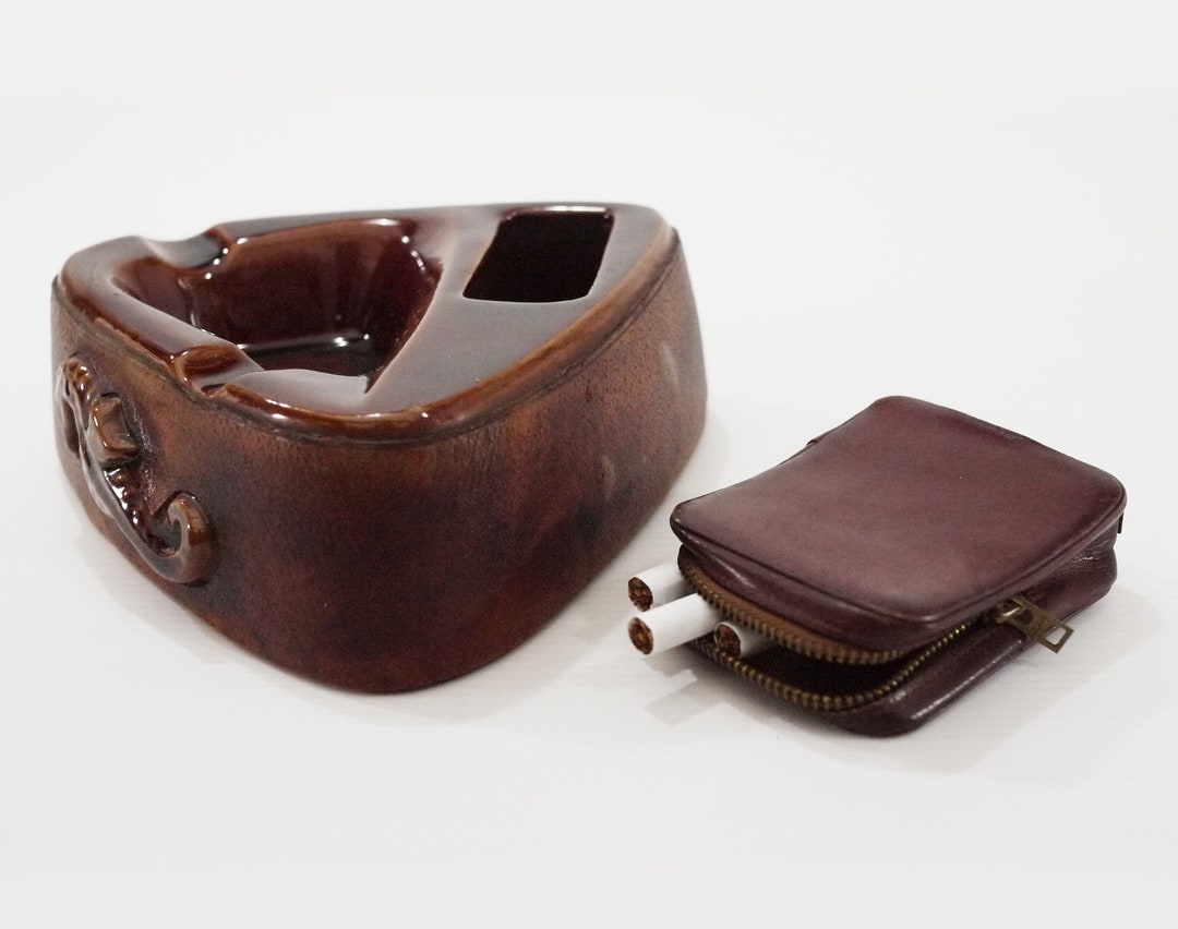 Antique Cigarette Holder and Ashtray French Leather and Ceramic Etsy