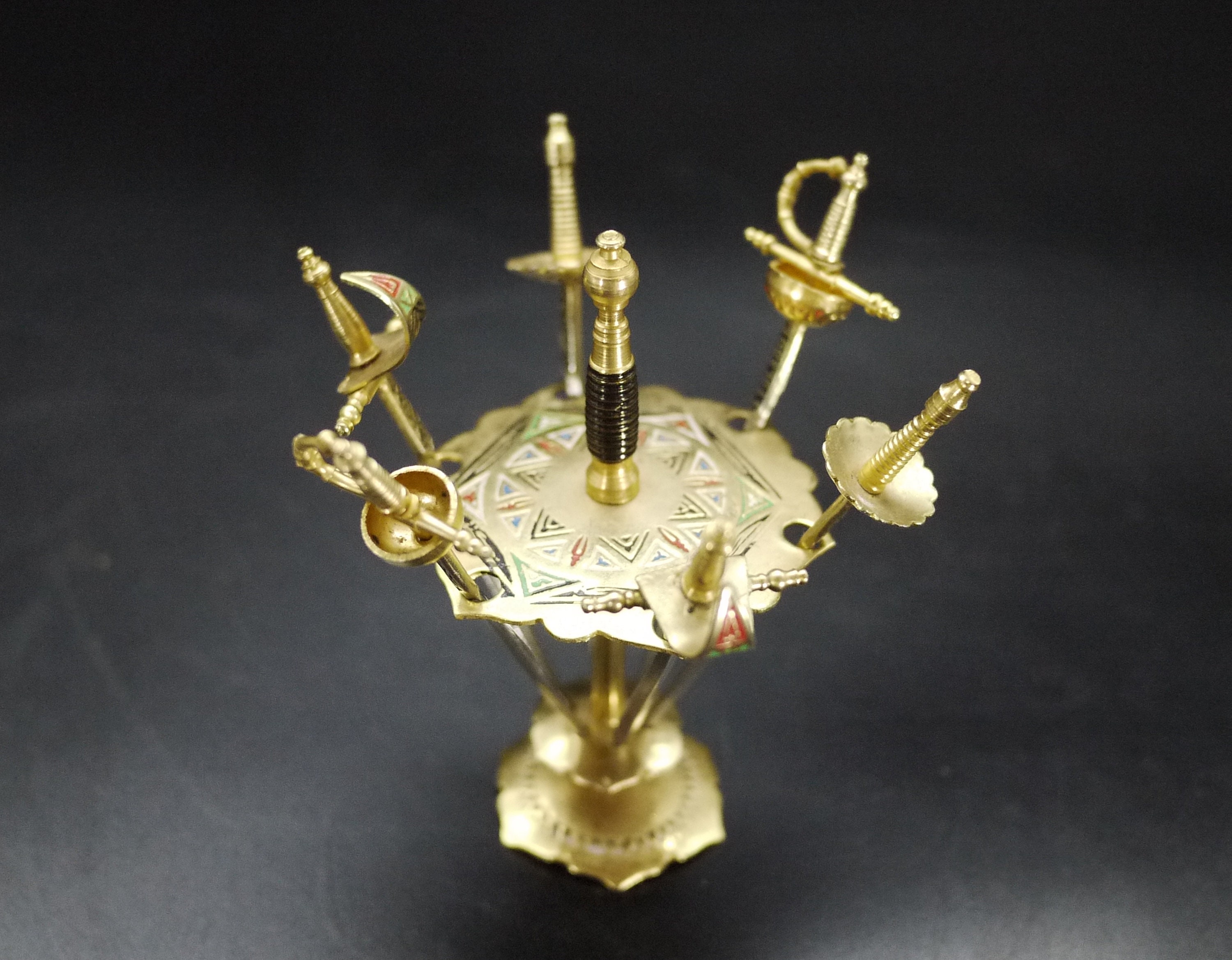 Vintage Brass Sword Cocktail Picks and Stand, Toledo 6 Picks