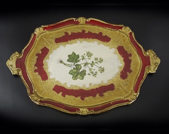 Vintage Hand Painted Serving Tray Wooden Florentine Floral and Decorative Tray