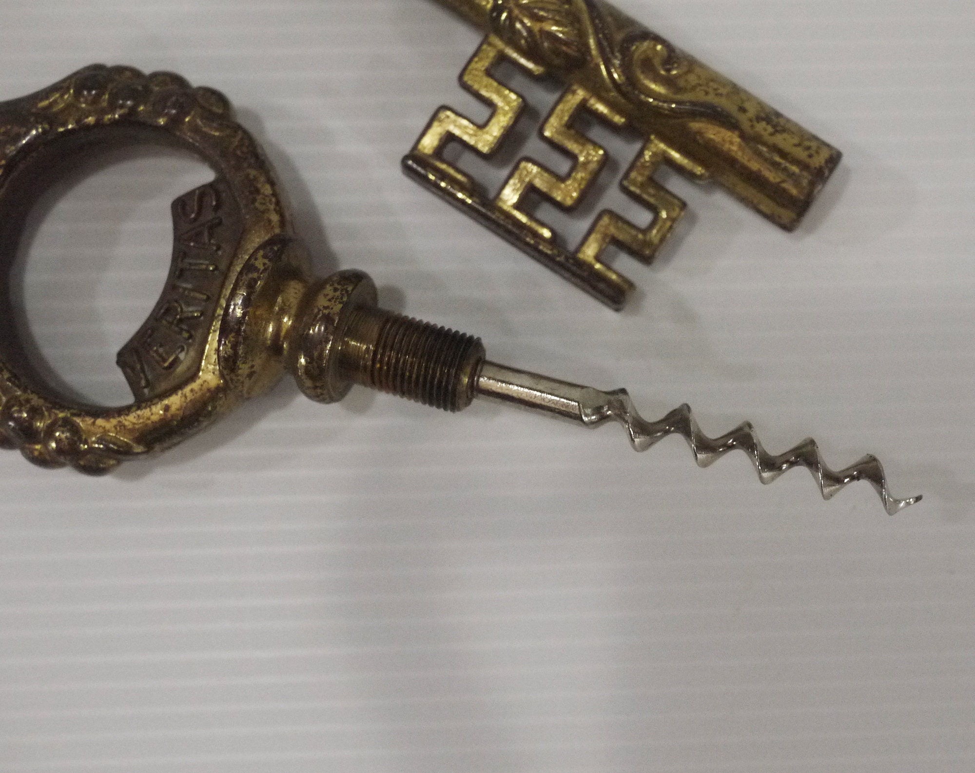 Vintage Brass Corkscrew, French Key Wine Bottle Opener In Vino Veritas.