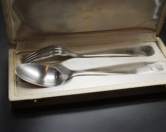 Christofle Paris Fork and Spoon Boxed Antique French Silver Plated Flatware America Pattern
