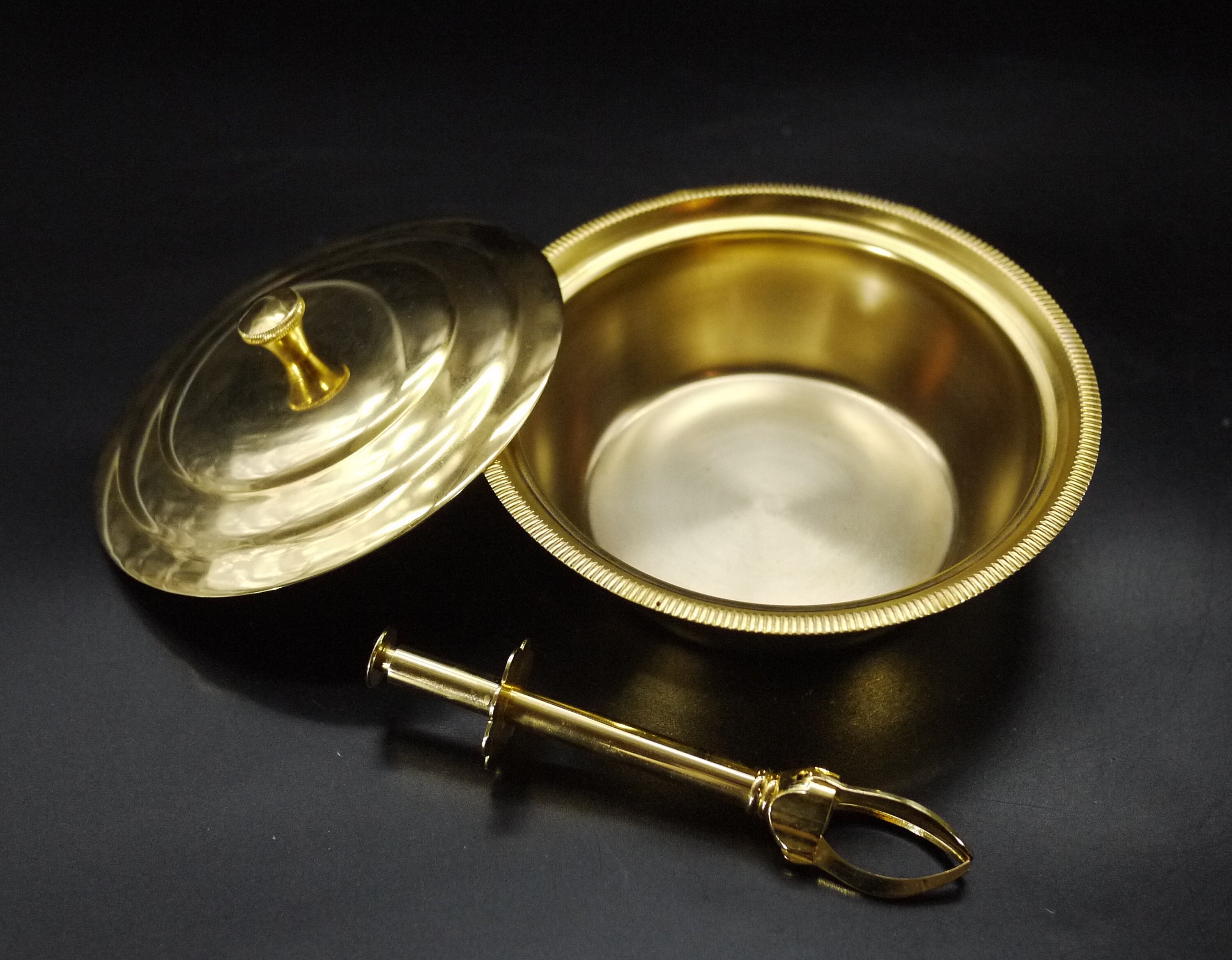 French Gold Metal Sugar Bowl with Sugar Tongs