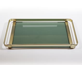 Vintage Italian Brass and Smoked Glass Serving Tray by MB Italy