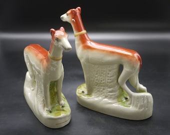 Vintage Greyhound Figurines Set - Pair of Ceramic Dogs in Staffordshire Style