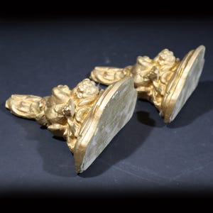 May include: A pair of gold-painted decorative bookends with a floral design. The bookends are made of a hard material and have a smooth, polished finish.