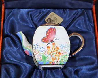Miniature Teapot Enameled Copper Butterfly Tea Pot Boxed
