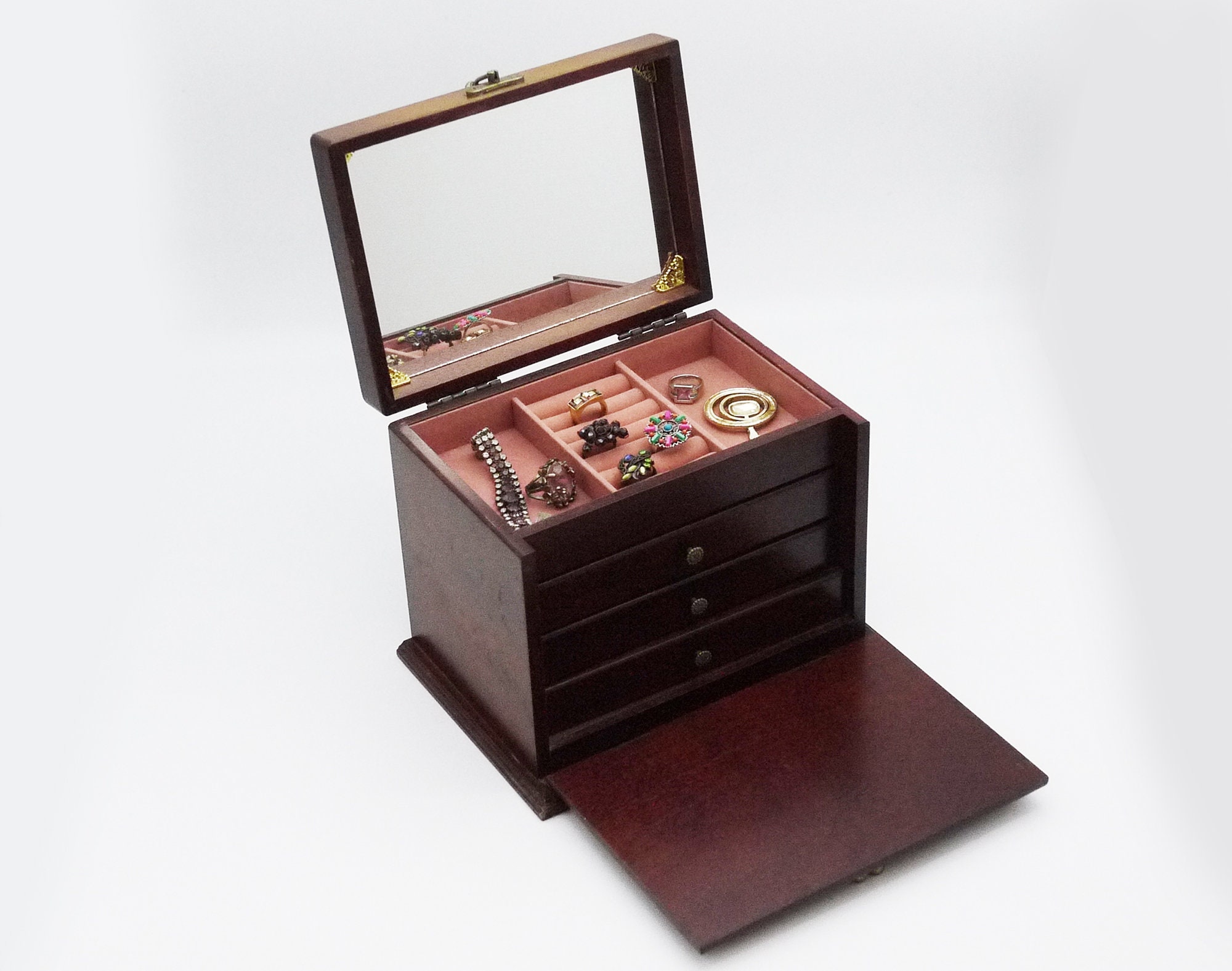 French Wood Jewelry Chest of Drawers with Mirror and Handle Vintage