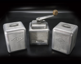 French Vintage Coffee Grinder Metal MOULUX and Canisters Set - Antique Coffee Decor