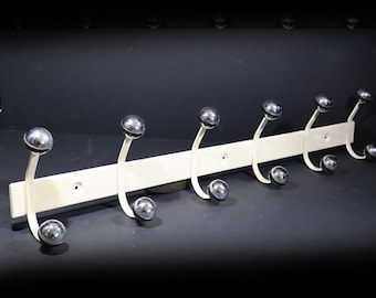 French Vintage Metal Coat Rack Large Six Coat Hooks Cream and Chrome Hallway Furniture