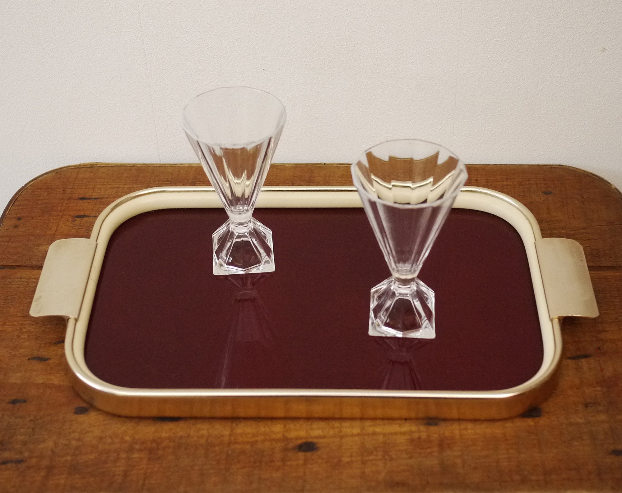 italian Serving Tray Glass with Gold Anodised Frame, Mid Century
