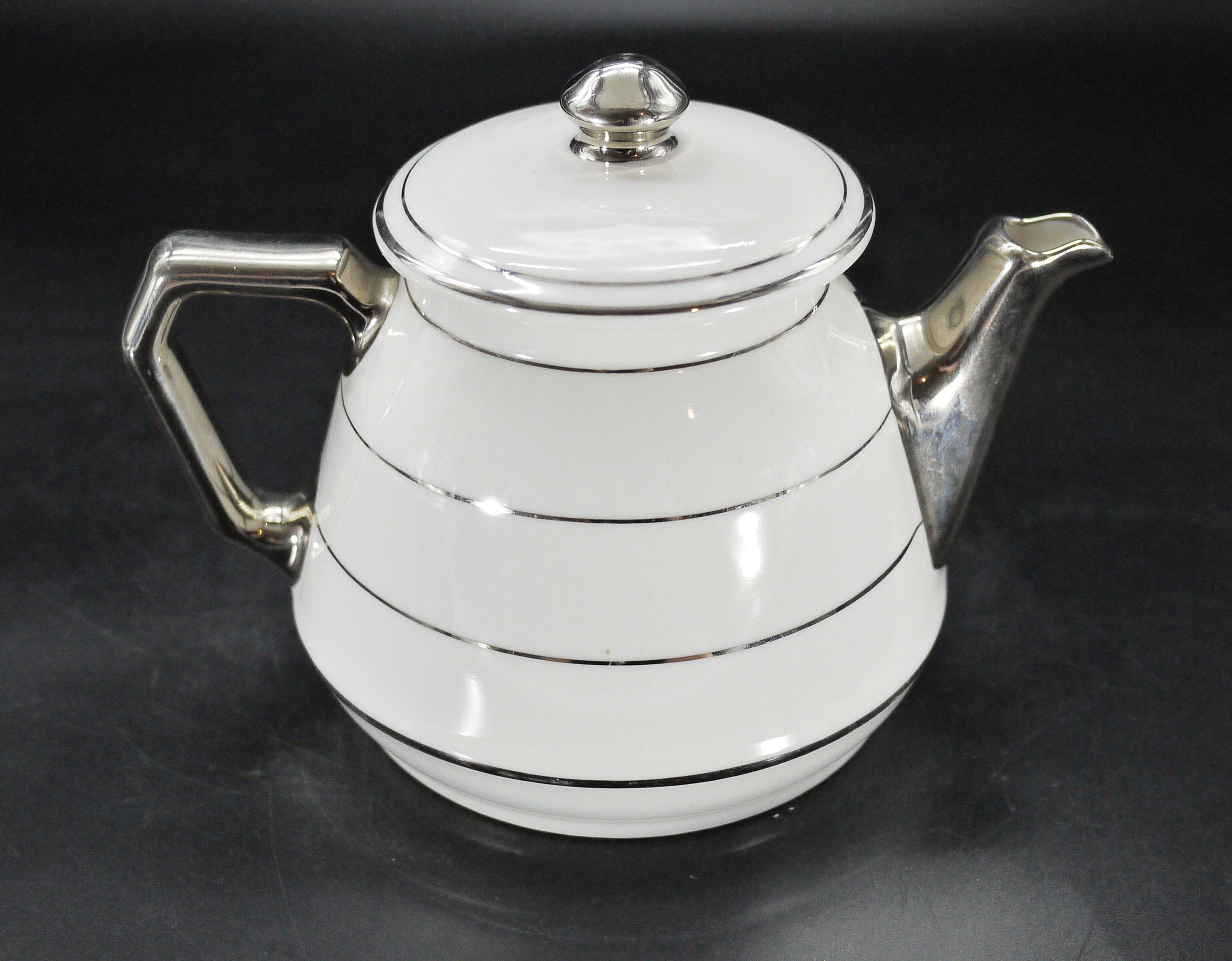 French Ceramic White and Silver Teapot