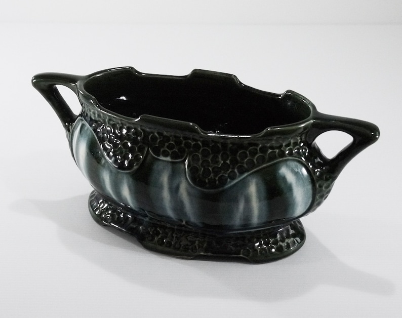English Art Deco Jardiniere Green Majolica Glazed with Handles