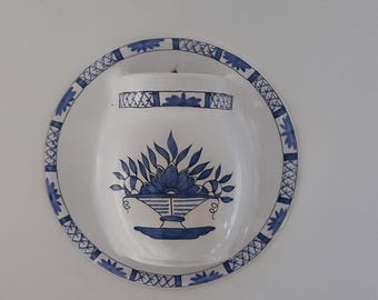 French Ceramic Wall Planter Vintage Blue White Wall Pocket Vase Wall Hanging Decor