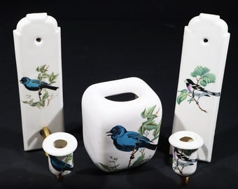 French Vintage Wall Candle Sconces and Toothbrush Holder from Porcelaine de Paris Bird Bathroom Decor