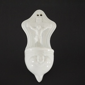 Antique White Crucifix Holy Water Font French Ceramic Benitier by Onnaing
