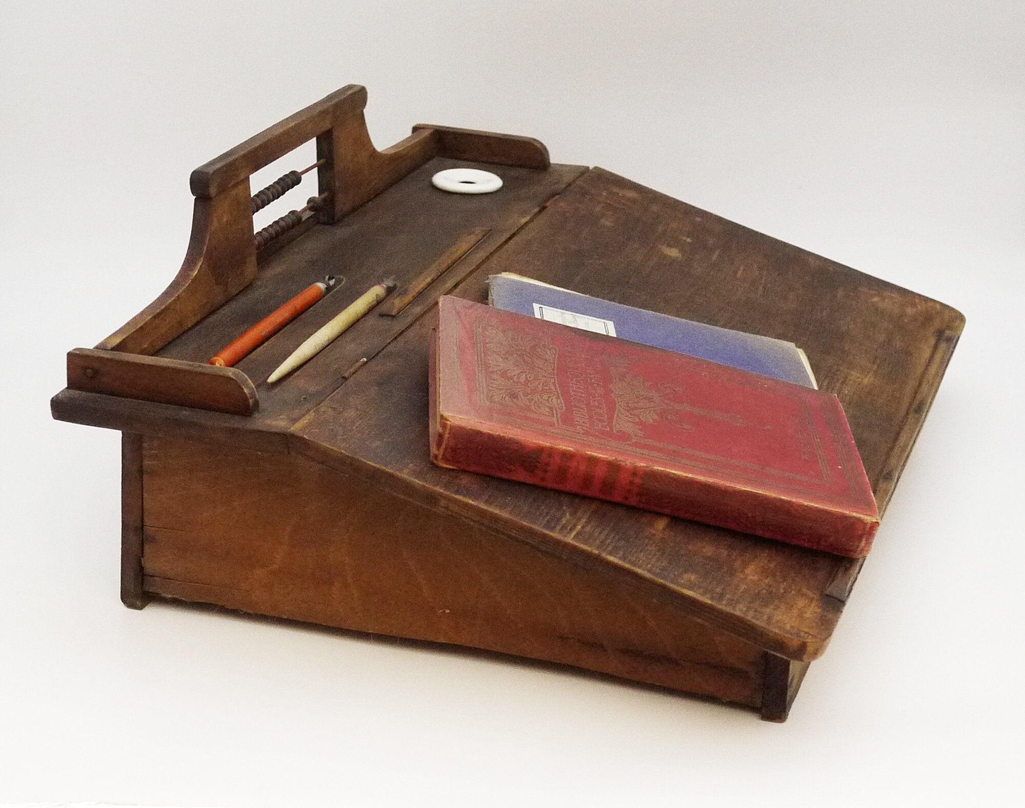 Antique French Wooden Writing Box with Counting Beads Frame and Inkwell