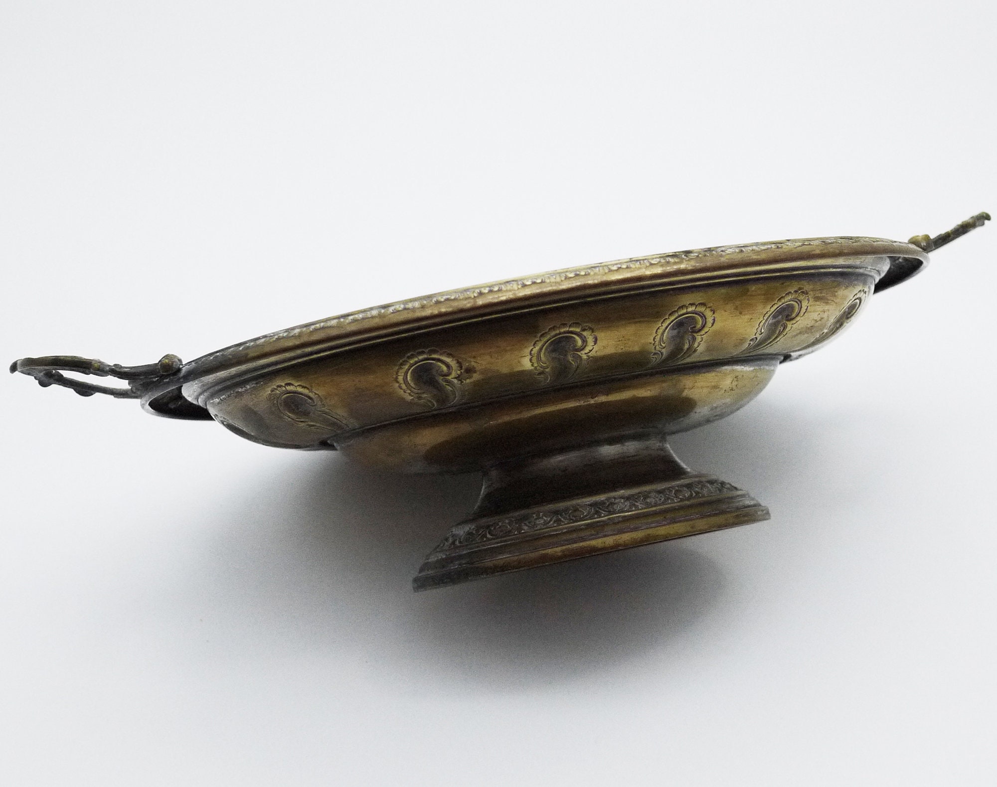 French Brass Fruit Bowl with Ornate Handles, Footed Oval Bowl Centerpiece