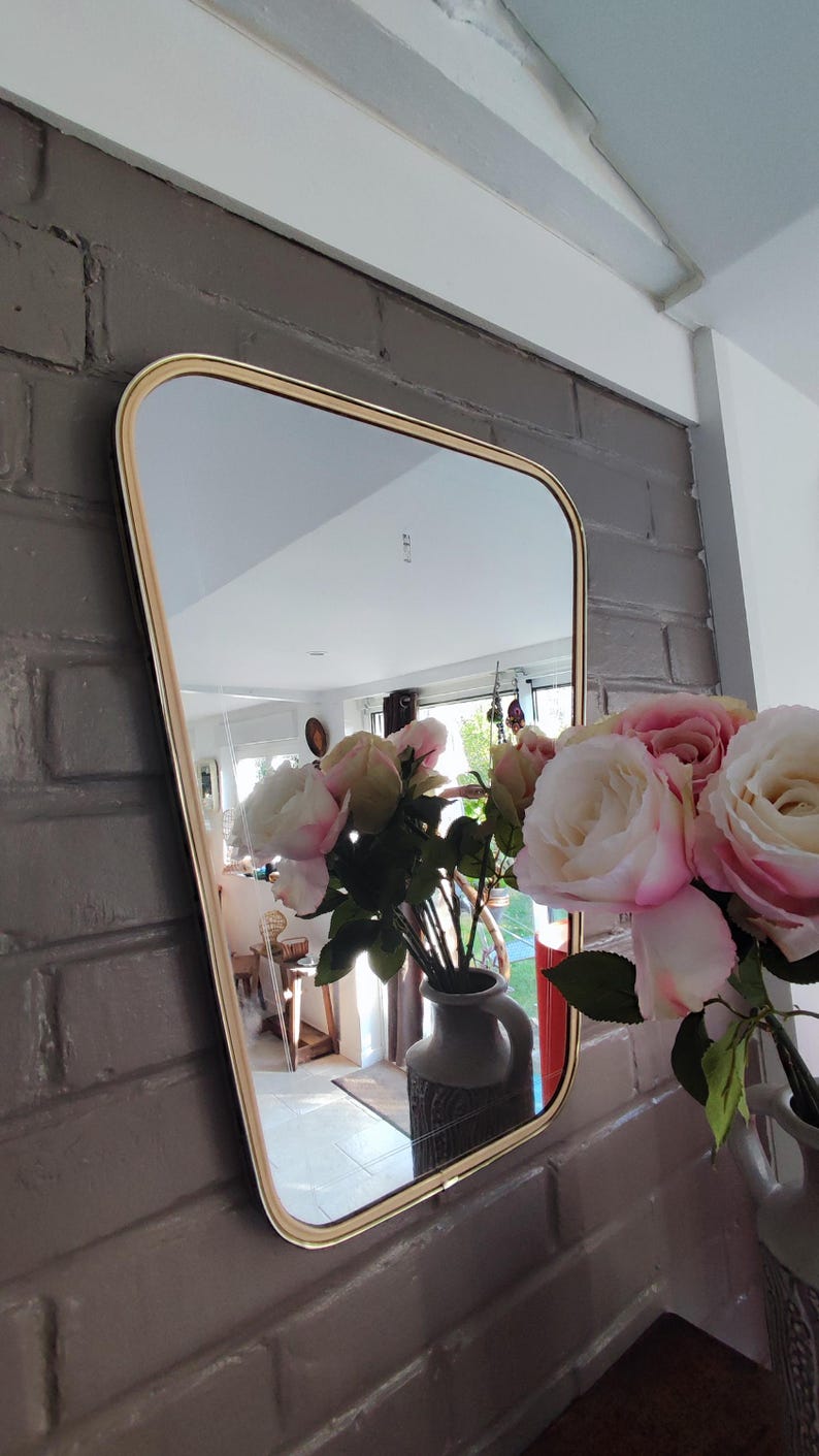 French Asymmetric Brass Wall Mirror, 1960s Rockabilly Decor image 3