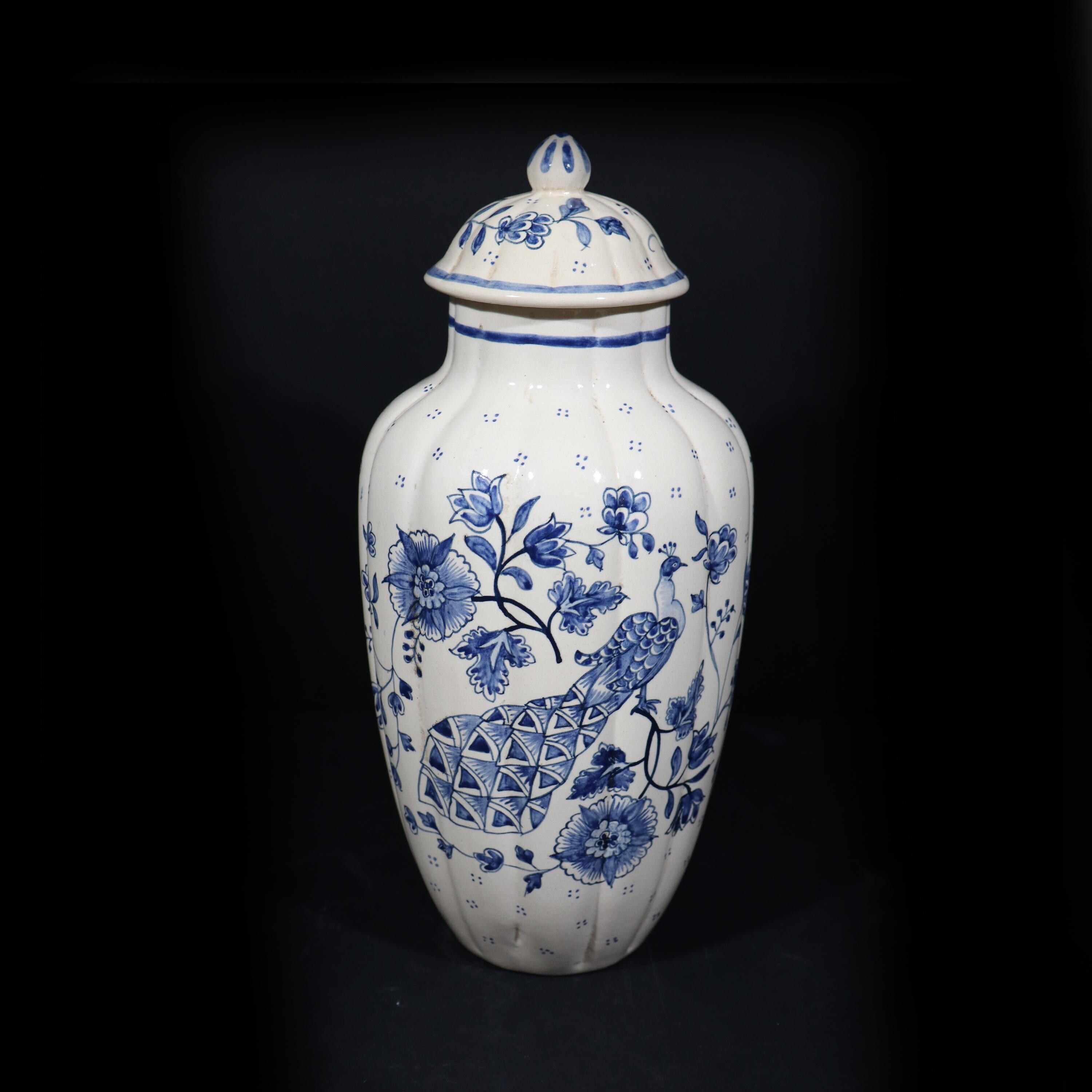 Large Peacock Temple Jar Vintage White and Blue Ceramic Ginger Chinoiserie Floral Jar Vase with Lid
