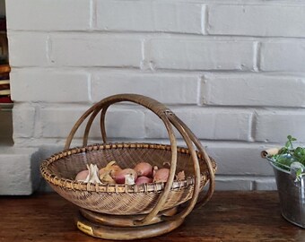 French vintage wicker basket with 6 compartments for small bottles