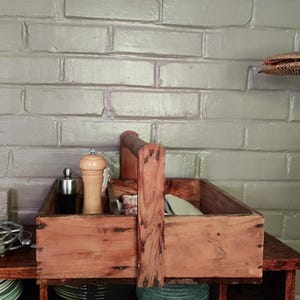 Caja de herramientas de madera antigua francesa, organizador de cubiertos de madera con asa