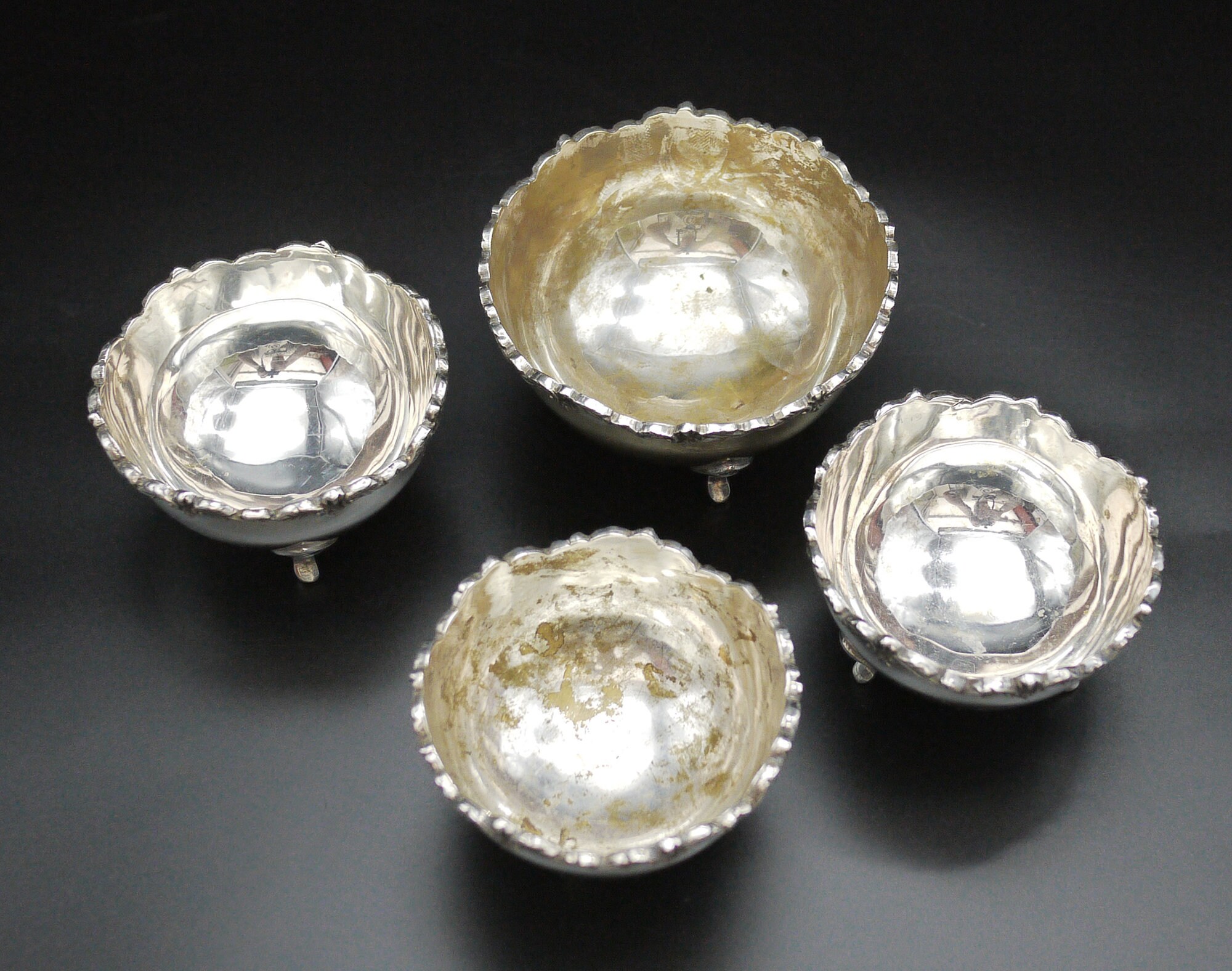 French Silver Nut Bowls Set of 4, Antique Ornate Silver Footed Candy Dishes