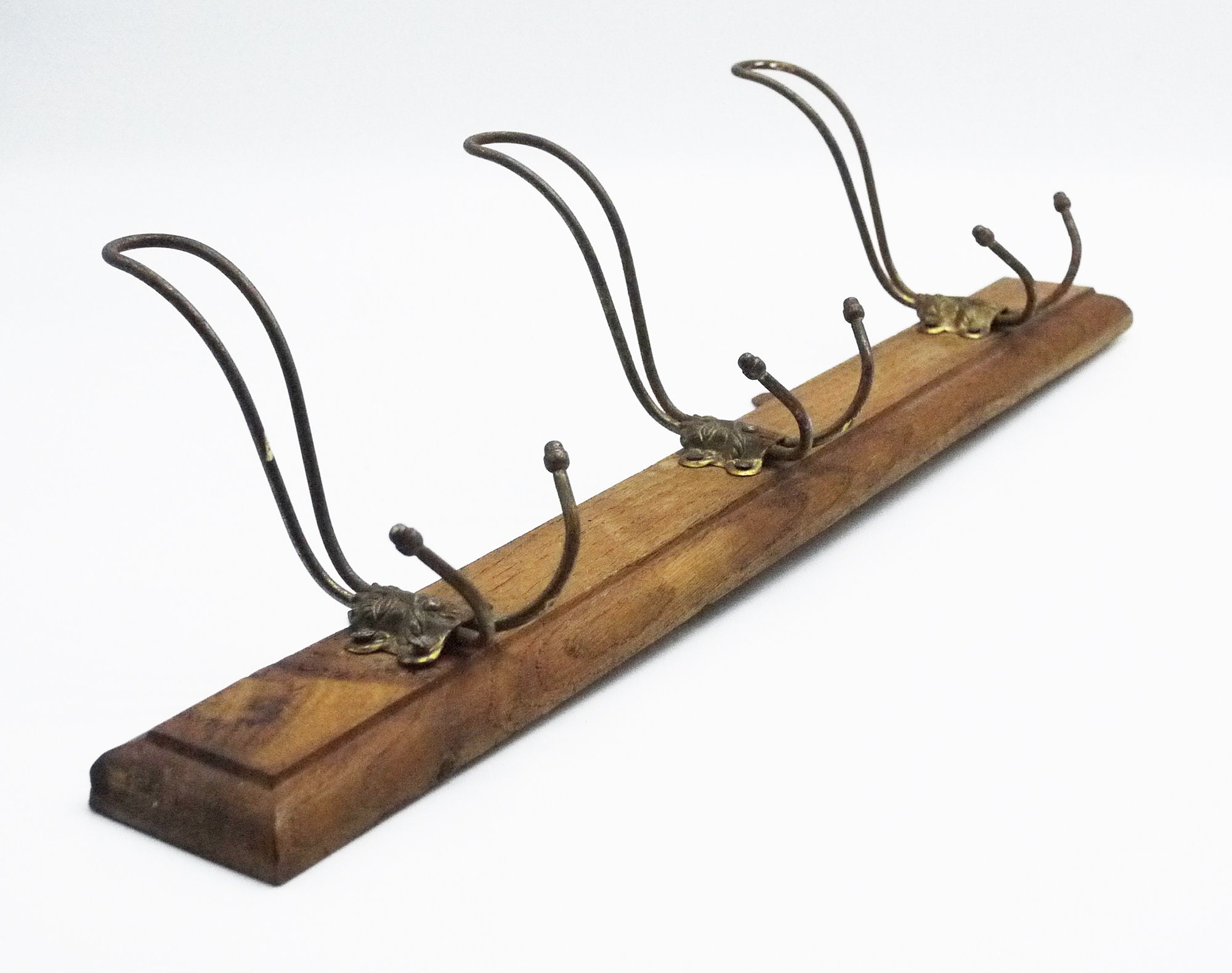 French Coat Rack, Wood and Wire Coat Hooks, 1950s Rustic Entrance Hall