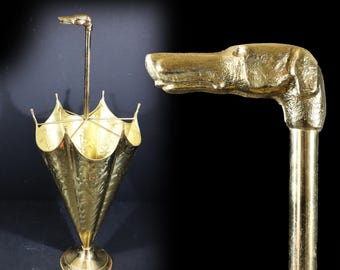 French Vintage Brass Umbrella Stand with Greyhound Handle