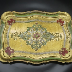 Italian Florentine Green Gold Gilt Wood Tray