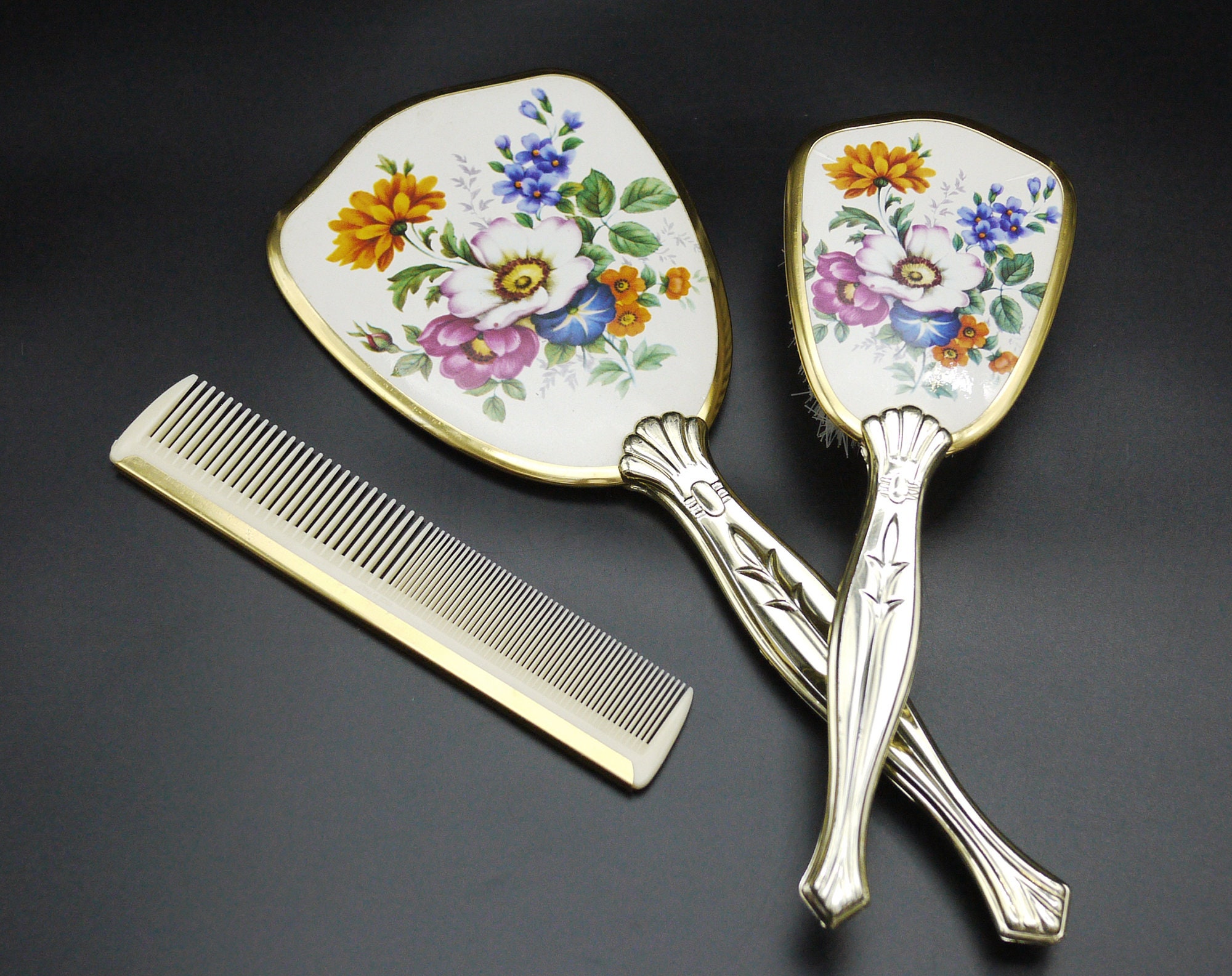 French Floral Vanity Brush Set, Hand Mirror Brush and Comb Set