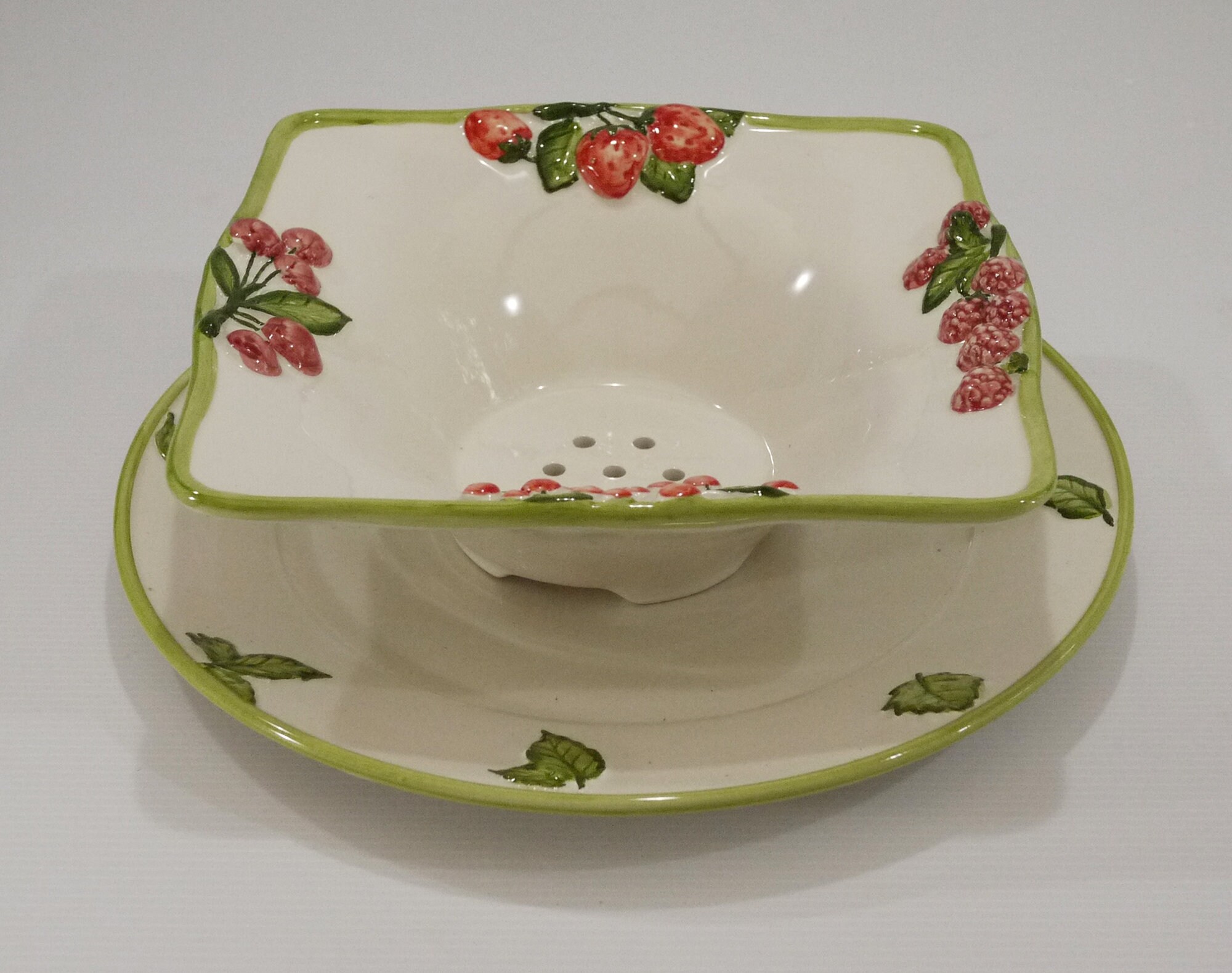French Ceramic Berry Bowl Colander and Under Plate