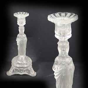 Art Deco Sacred Heart Jesus Statue Candle Holder Antique Frosted Satin Glass Candlestick Religious Altar