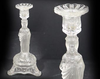 Art Deco Sacred Heart Jesus Statue Candle Holder Antique Frosted Satin Glass Candlestick Religious Altar
