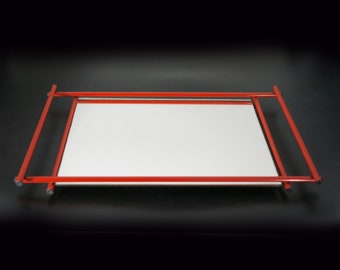 Mid Century Modern Glass Mirror Tray Rectangular Red Metal Frame Drinks Tray 1960s Home Bar Decor