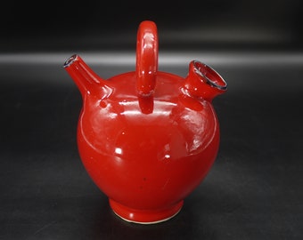French Pottery Water Jug Gargoulette Vintage Glazed Red Ceramic Wine Pitcher with Side Sprout