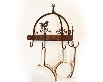 Rustic Iron Game Hanger for Kitchen - Antique French Blacksmith Wall Pot Rack