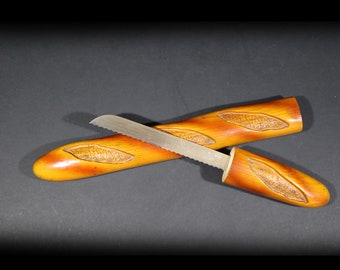 Cuchillo baguette francés de madera, cortadora de pan vintage