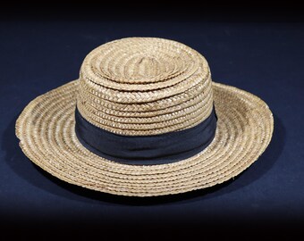 French Straw Boater Hat, Vintage Unisex Straw Hat, Retro Sun Hat