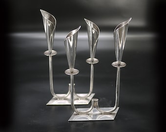Hans Jensen Calla Lily Candle Holders Pair of Danish Modern Silver Plated Double Candlesticks